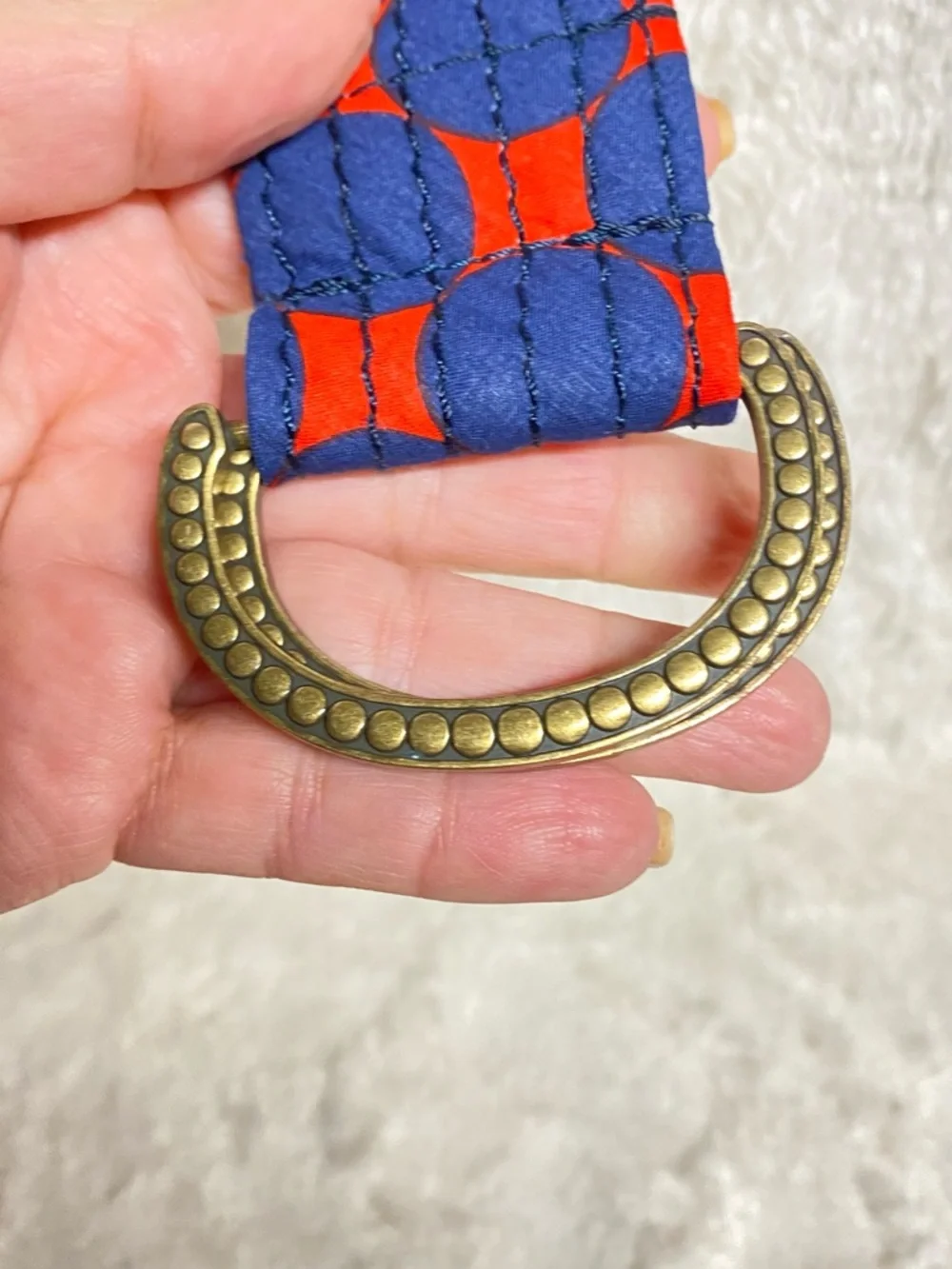 J. Crew Quilted Wrist Strap in Navy and Bright Orange Circle Print - Picture 3 of 5